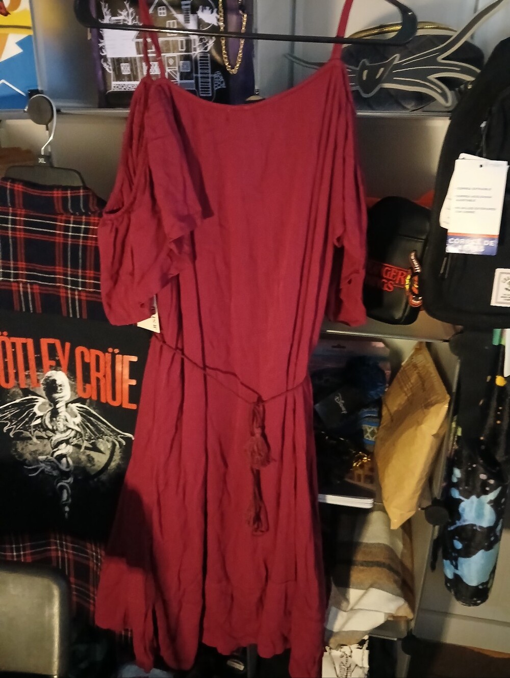 Pkus Size Maroon Off The Shoulder Midi Dress With Tie Belt